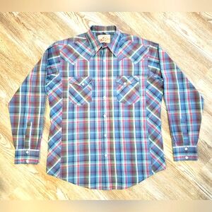 Wrangler Vintage Mens L Plaid Pearl Snap Shirt Blue Western Classic Cotton Blend